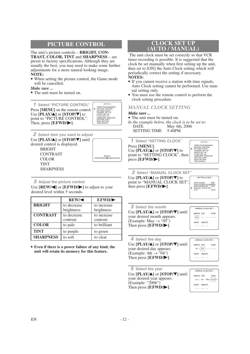 Clock set up (auto / manual), Picture control, Manual clock setting | Symphonic SC1304 User Manual | Page 12 / 32