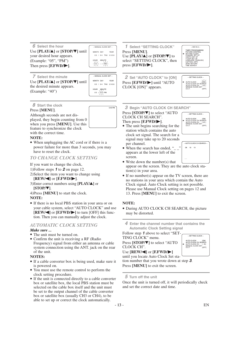 Automatic clock setting | Symphonic SC1304 User Manual | Page 13 / 32