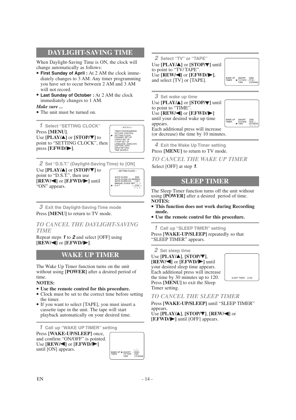 Daylight-saving time, Wake up timer, Sleep timer | Symphonic SC1304 User Manual | Page 14 / 32