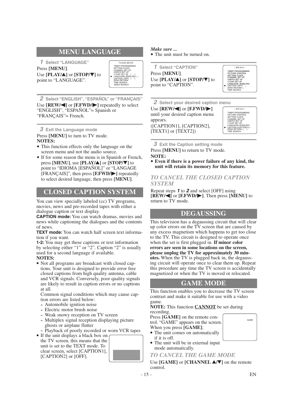 Menu language, Closed caption system, Degaussing | Game mode | Symphonic SC1304 User Manual | Page 15 / 32