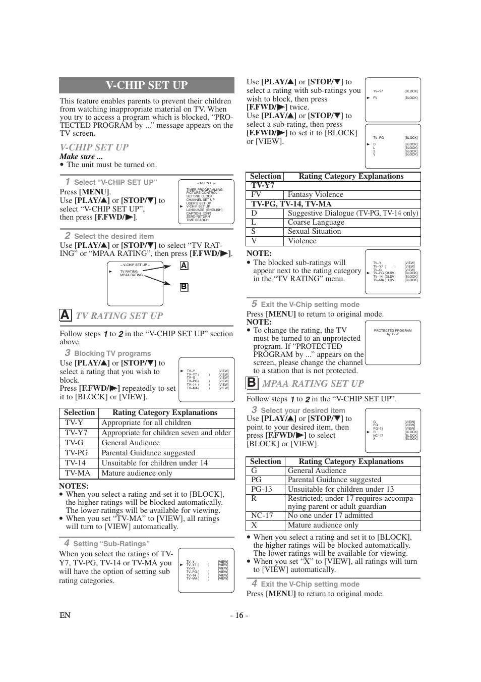 Mpaa rating set up, V-chip set up, Tv rating set up | Follow steps 1 to 2 in the “v-chip set up, Make sure, The unit must be turned on | Symphonic SC1304 User Manual | Page 16 / 32