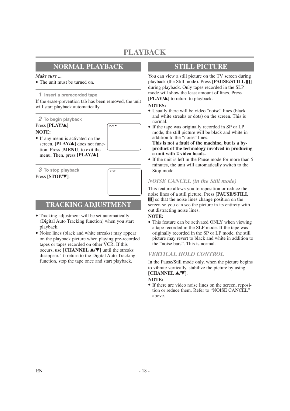 Playback, Normal playback, Tracking adjustment | Still picture | Symphonic SC1304 User Manual | Page 18 / 32