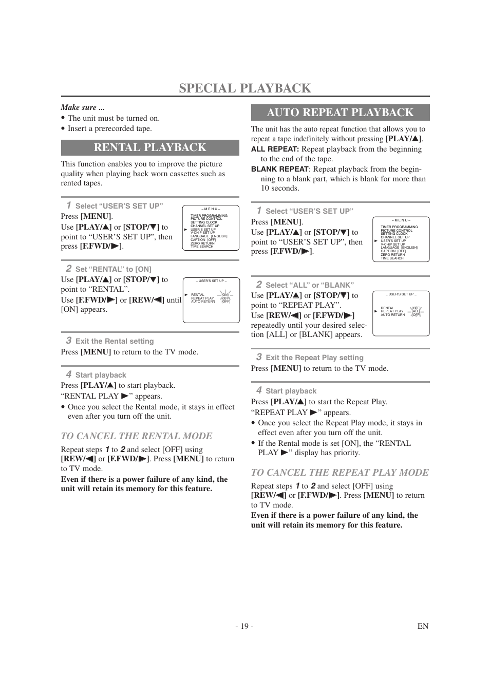Special playback, Rental playback, Auto repeat playback | Symphonic SC1304 User Manual | Page 19 / 32