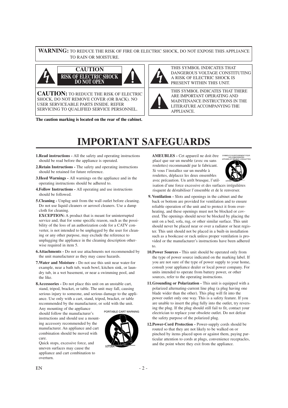 Important safeguards, Caution, Caution risk of electric shock do not open | Warning | Symphonic SC1304 User Manual | Page 2 / 32