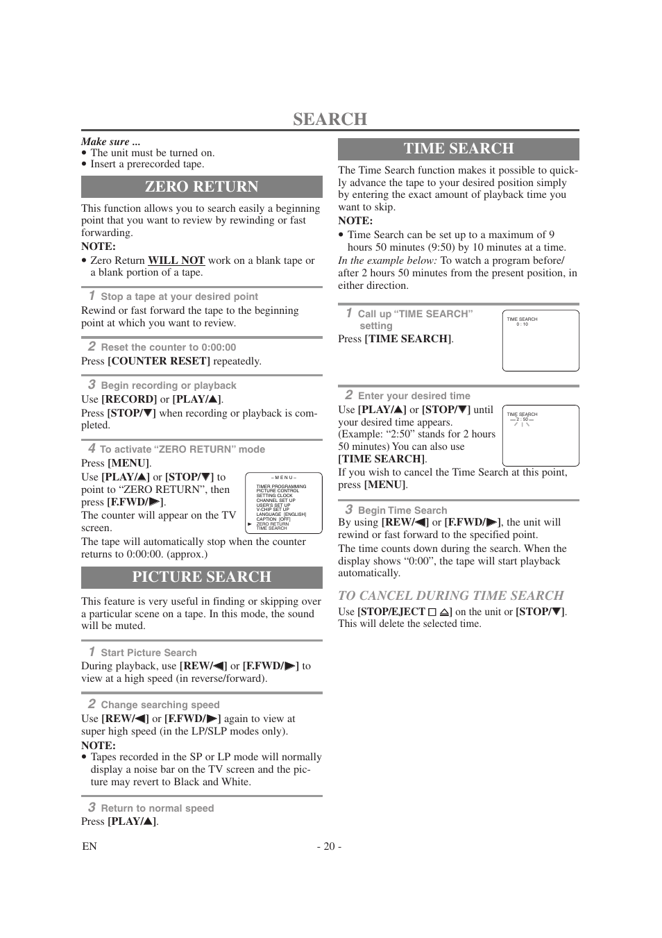 Search, Zero return, Time search | Picture search | Symphonic SC1304 User Manual | Page 20 / 32