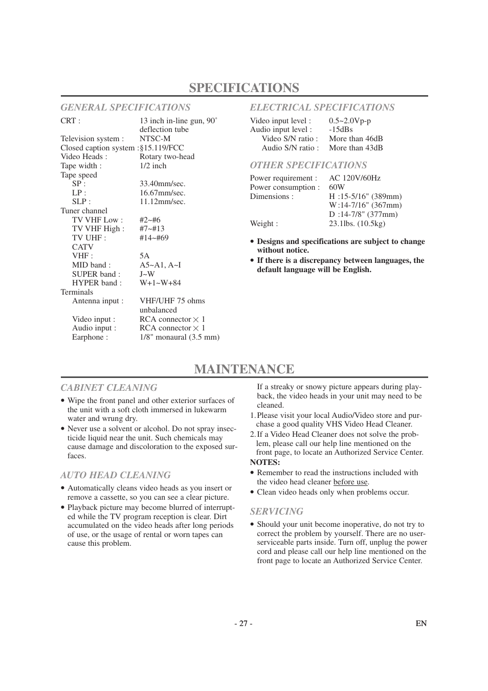 Specifications, Maintenance | Symphonic SC1304 User Manual | Page 27 / 32