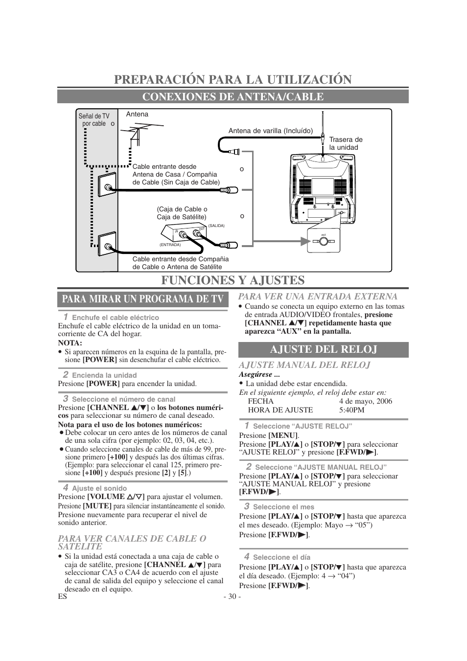 Para mirar un programa de tv, Ajuste del reloj conexiones de antena/cable | Symphonic SC1304 User Manual | Page 30 / 32