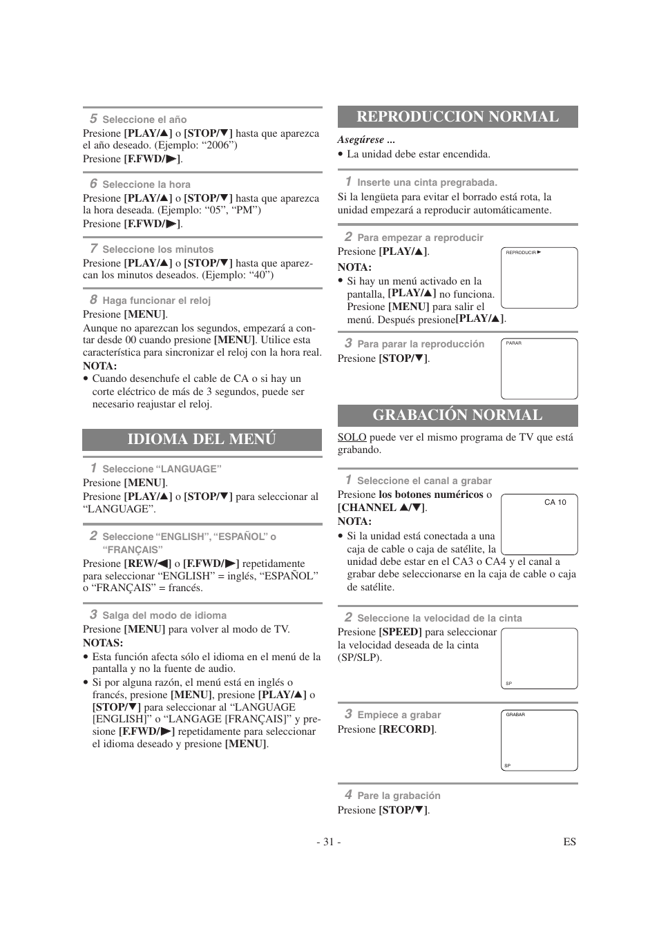 Reproduccion normal, Grabación normal, Idioma del menú | Symphonic SC1304 User Manual | Page 31 / 32