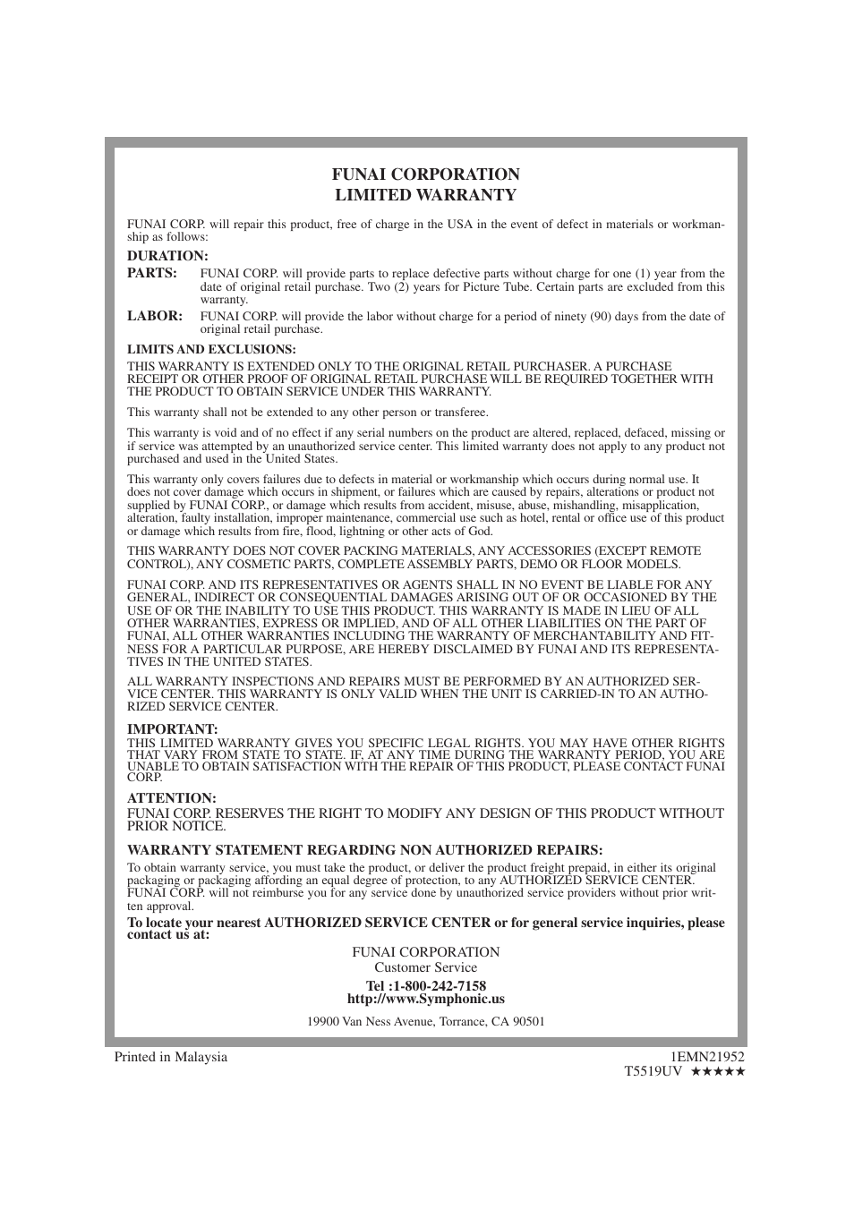 Funai corporation limited warranty | Symphonic SC1304 User Manual | Page 32 / 32