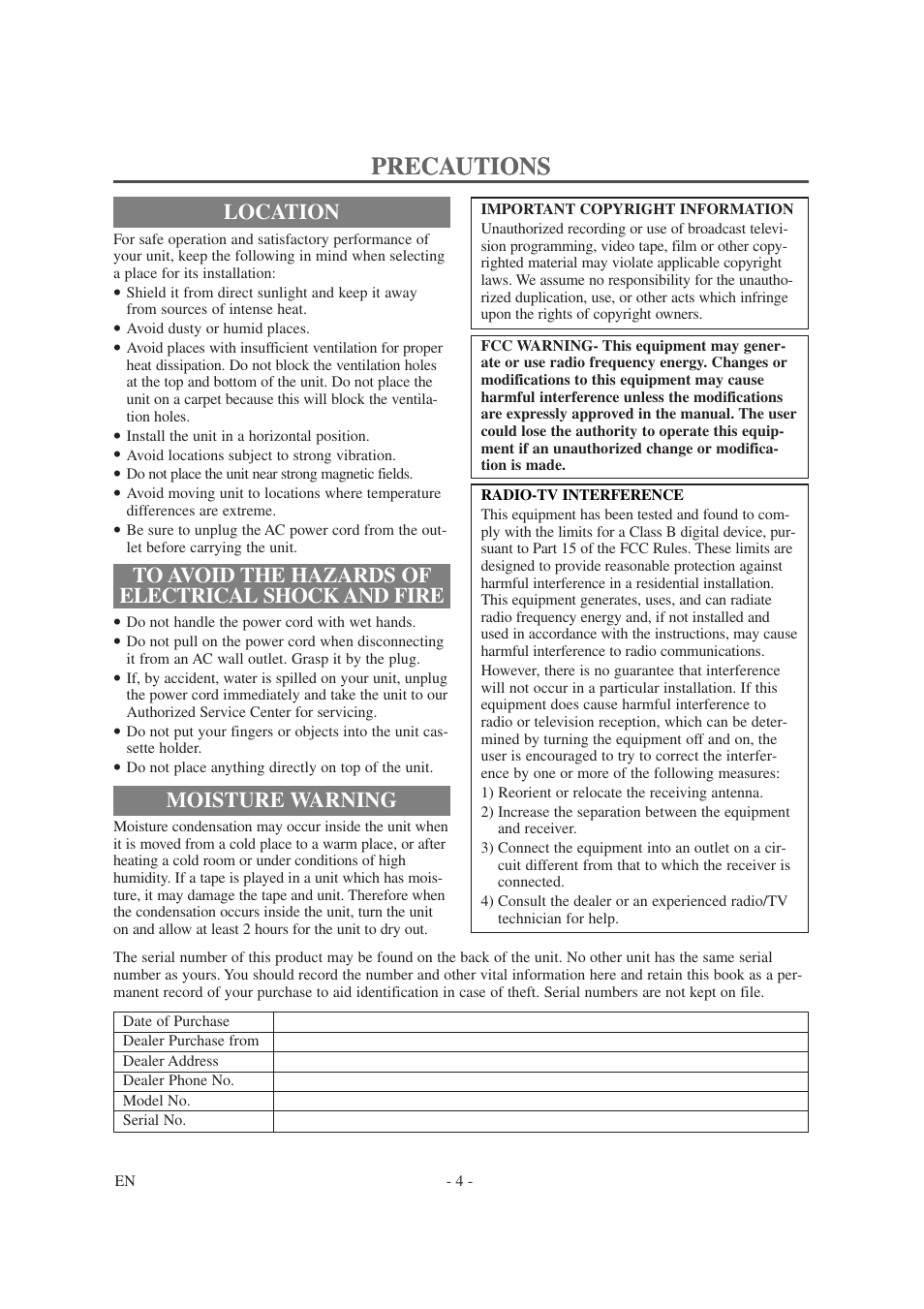 Precautions | Symphonic SC1304 User Manual | Page 4 / 32