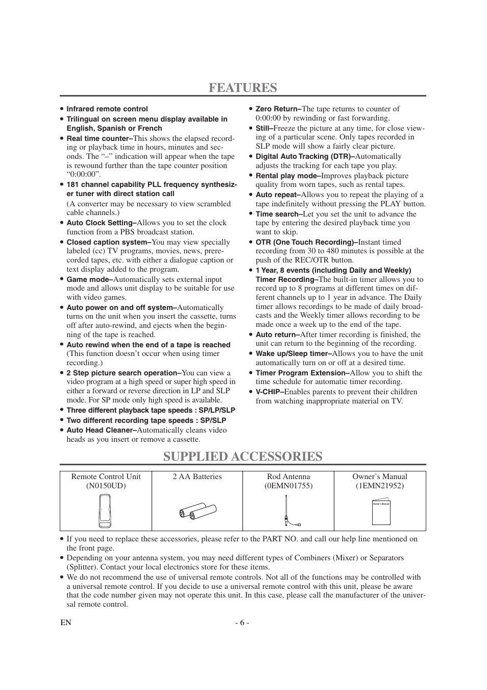 Features, Supplied accessories | Symphonic SC1304 User Manual | Page 6 / 32