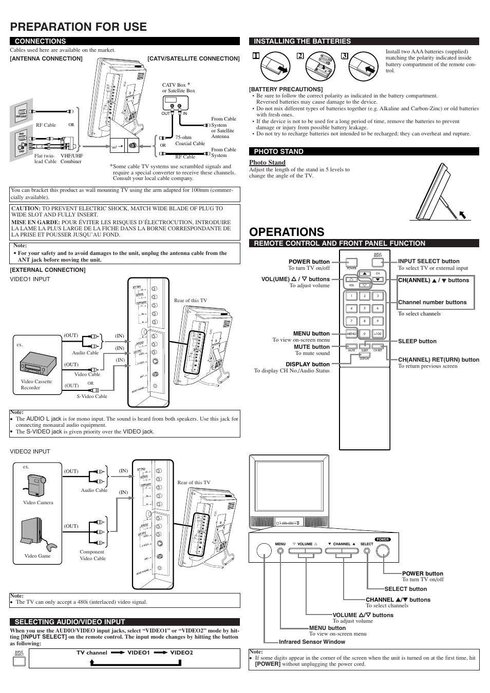 Preparation for use, Operations, Menu y volume x l channel k select power | Symphonic STL1505 User Manual | Page 2 / 8