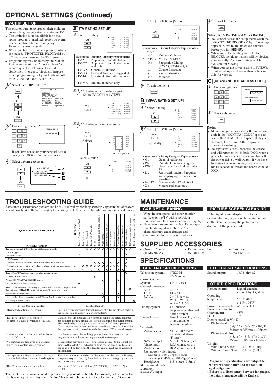 Supplied accessories, General specifications, Electrical specifications | Other specifications, Cabinet cleaning, Picture screen cleaning, V-chip set up | Symphonic STL1505 User Manual | Page 4 / 8