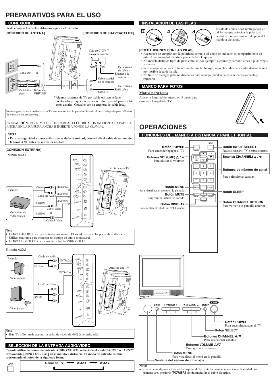 Preparativos para el uso, Operaciones, Menu y volume x l channel k select power | Symphonic STL1505 User Manual | Page 6 / 8