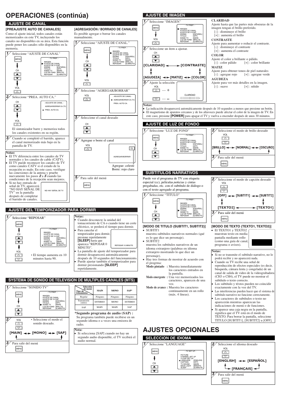 Operaciones (continúa) ajustes opcionales, Ajuste de imagen, Ajuste de canal | Seleccion de idioma, Subtitulos narrativos | Symphonic STL1505 User Manual | Page 7 / 8