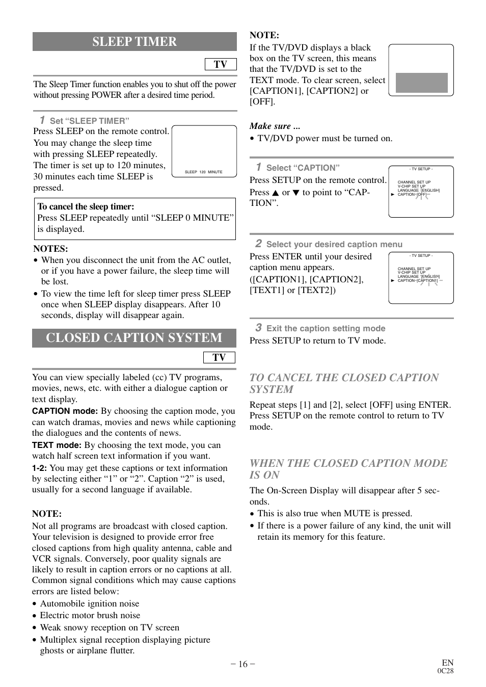 Closed caption system, Sleep timer, When the closed caption mode is on | Symphonic MSD513E User Manual | Page 16 / 40