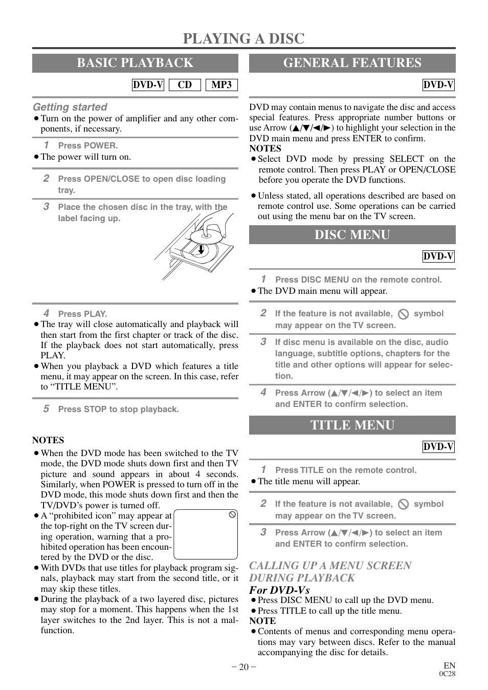 Playing a disc, Basic playback, General features | Title menu, Disc menu | Symphonic MSD513E User Manual | Page 20 / 40