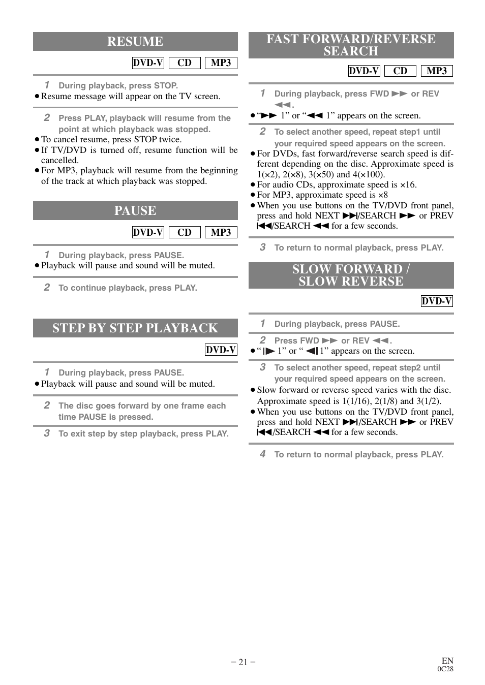 Step by step playback, Resume, Pause | Symphonic MSD513E User Manual | Page 21 / 40