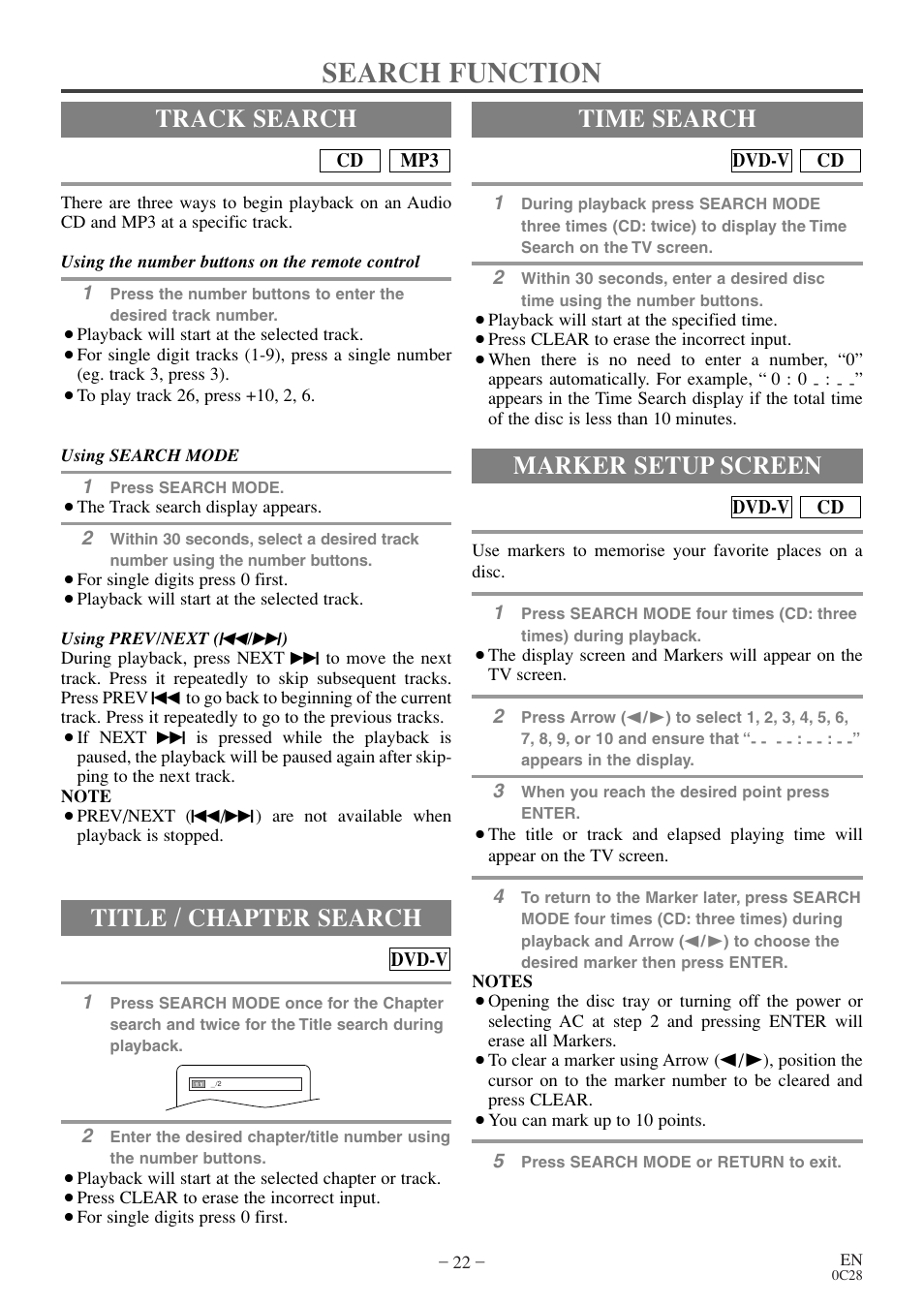 Search function, Track search, Title / chapter search | Time search, Marker setup screen | Symphonic MSD513E User Manual | Page 22 / 40