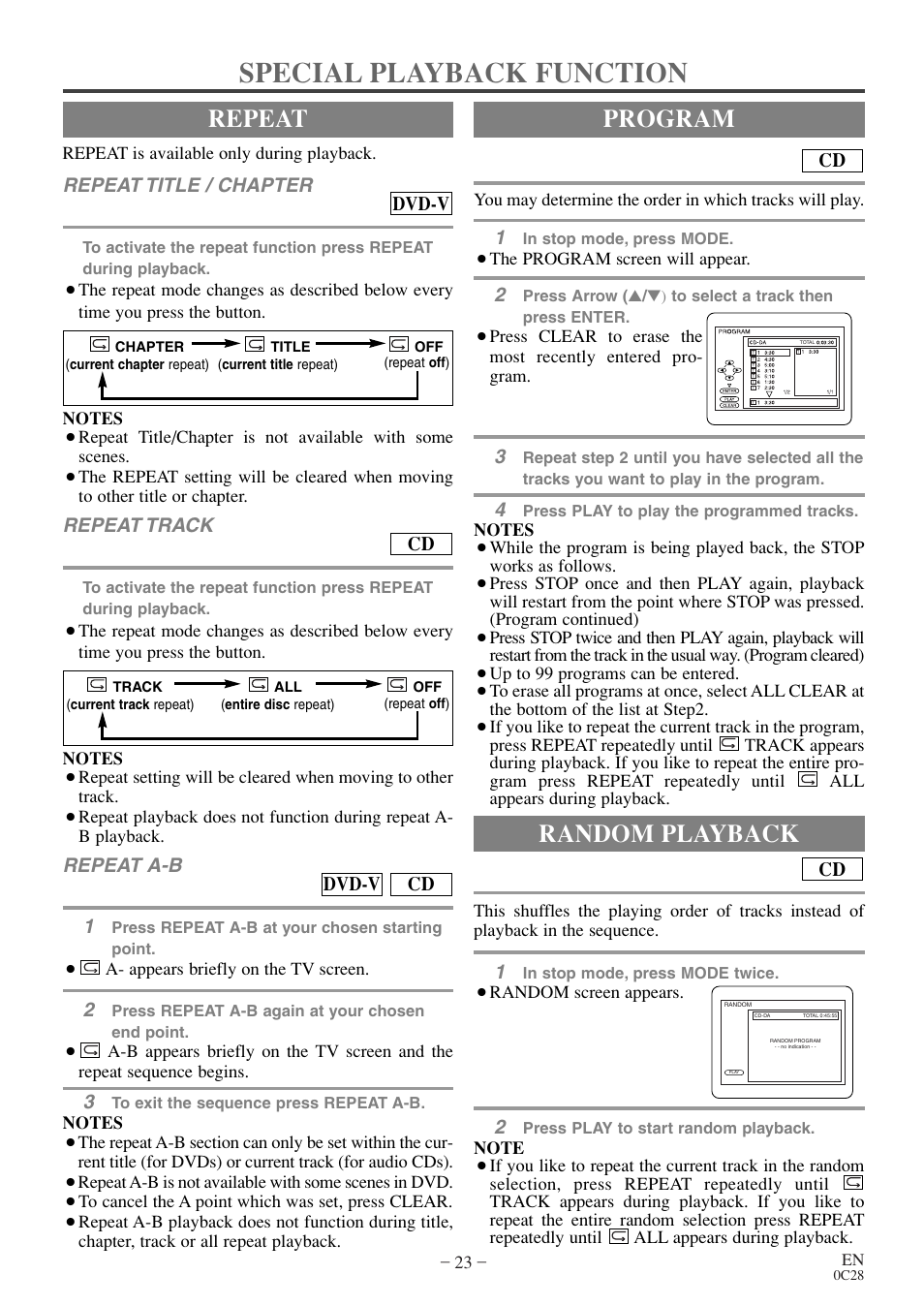 Special playback function, Repeat, Program | Random playback | Symphonic MSD513E User Manual | Page 23 / 40