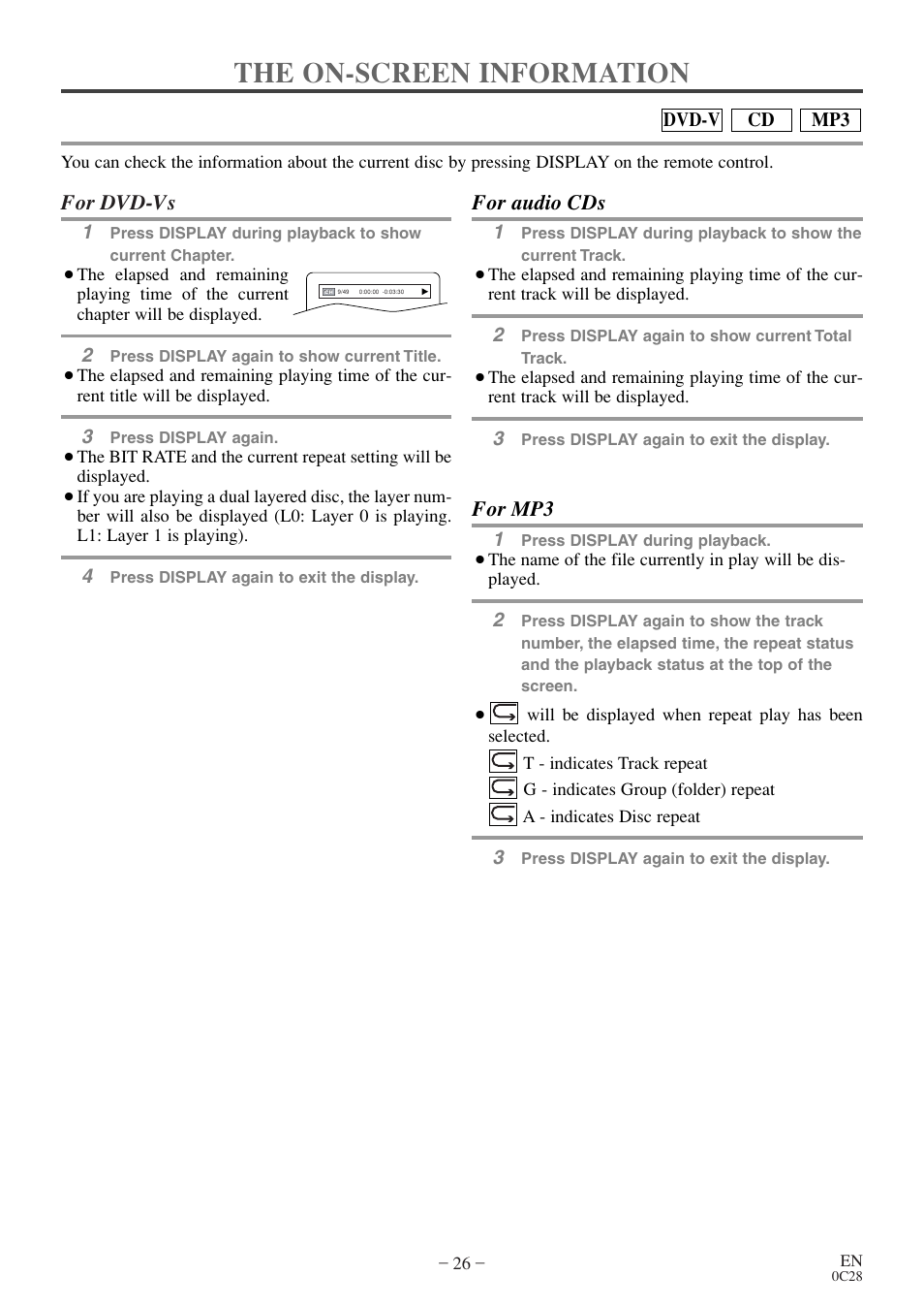 The on-screen information, For dvd-vs, For audio cds | For mp3 | Symphonic MSD513E User Manual | Page 26 / 40