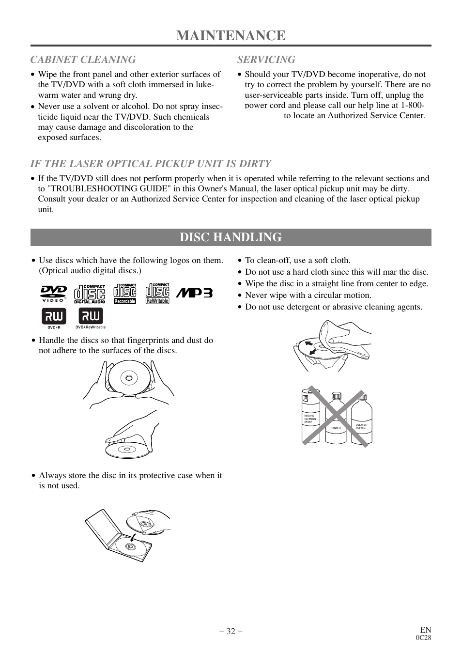 Maintenance, Disc handling | Symphonic MSD513E User Manual | Page 32 / 40