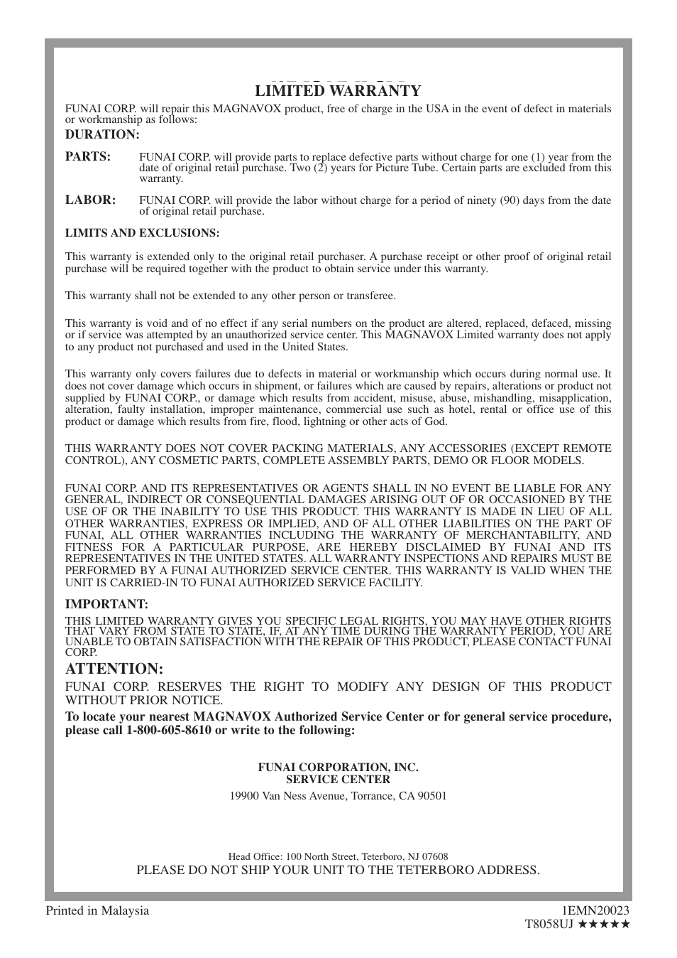 Symphonic, Limited warranty, Attention | Symphonic MSD513E User Manual | Page 40 / 40