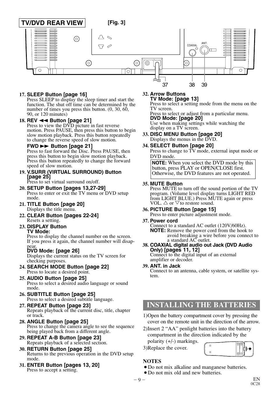 Installing the batteries, Tv/dvd rear view | Symphonic MSD513E User Manual | Page 9 / 40