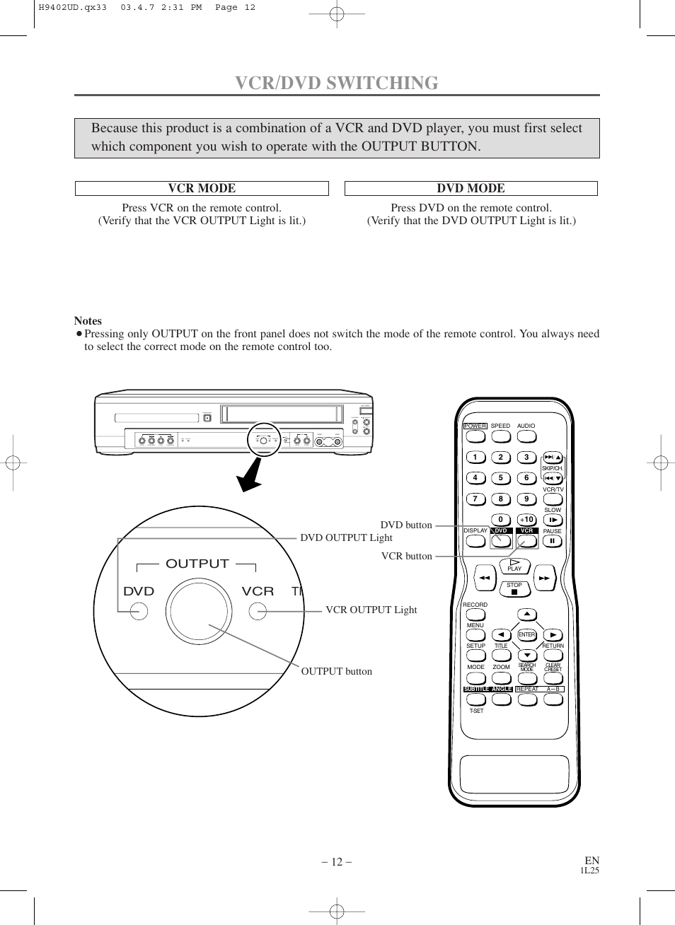 Vcr/dvd switching, Vcr mode, Dvd mode | Vcr dvd tim output | Symphonic WF803 User Manual | Page 12 / 44