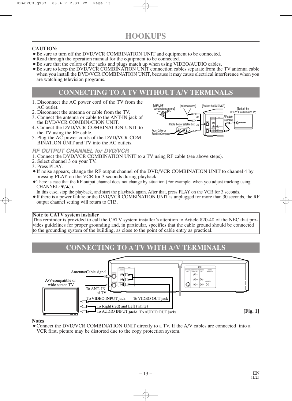 Connections, Hookups, Connecting to a tv with a/v terminals | Connecting to a tv without a/v terminals, Rf output channel for dvd/vcr, Caution | Symphonic WF803 User Manual | Page 13 / 44
