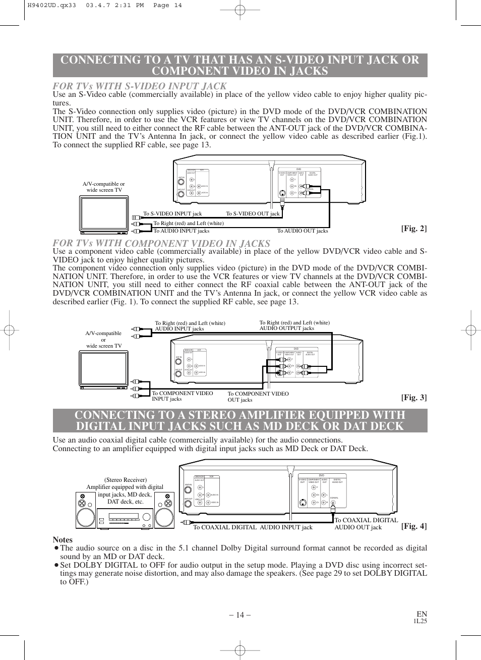 For tvs with component video in jacks, For tvs with s-video input jack, Fig. 3] [fig. 2 | 1l25 | Symphonic WF803 User Manual | Page 14 / 44