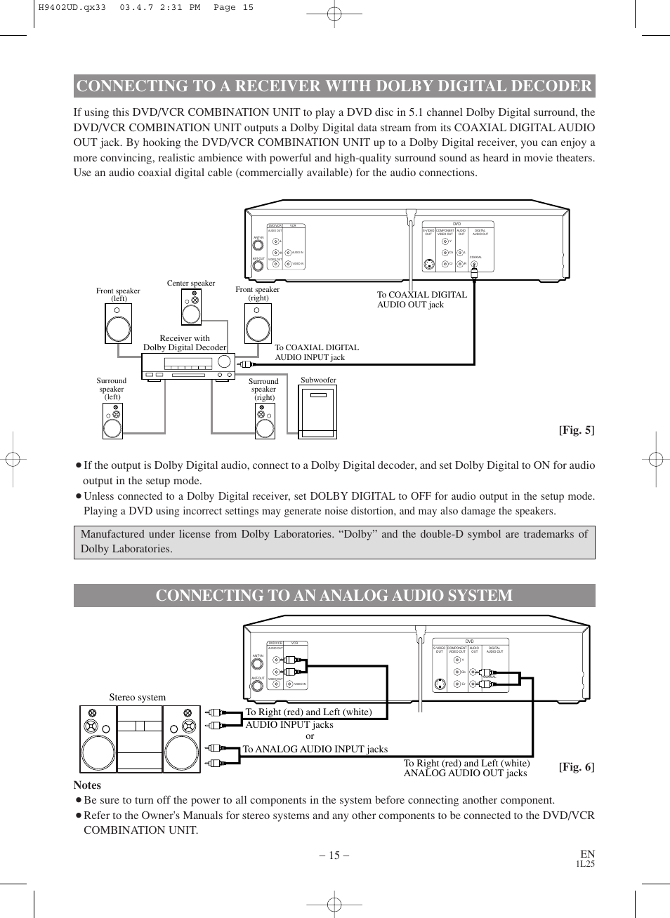 Connecting to an analog audio system, Fig. 6, 1l25 | Receiver with dolby digital decoder | Symphonic WF803 User Manual | Page 15 / 44