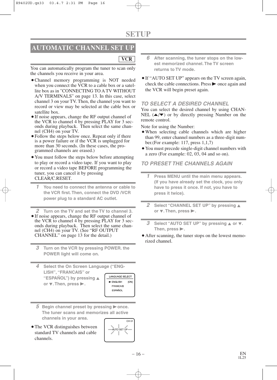 Setup, Automatic channel set up | Symphonic WF803 User Manual | Page 16 / 44