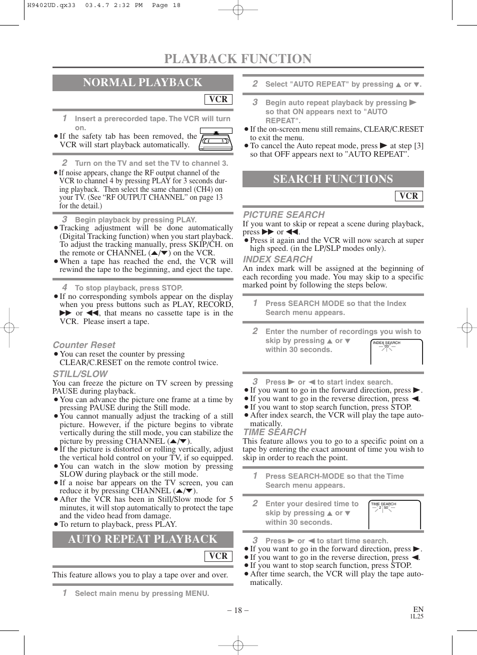 Playback function, Normal playback, Auto repeat playback | Search functions | Symphonic WF803 User Manual | Page 18 / 44