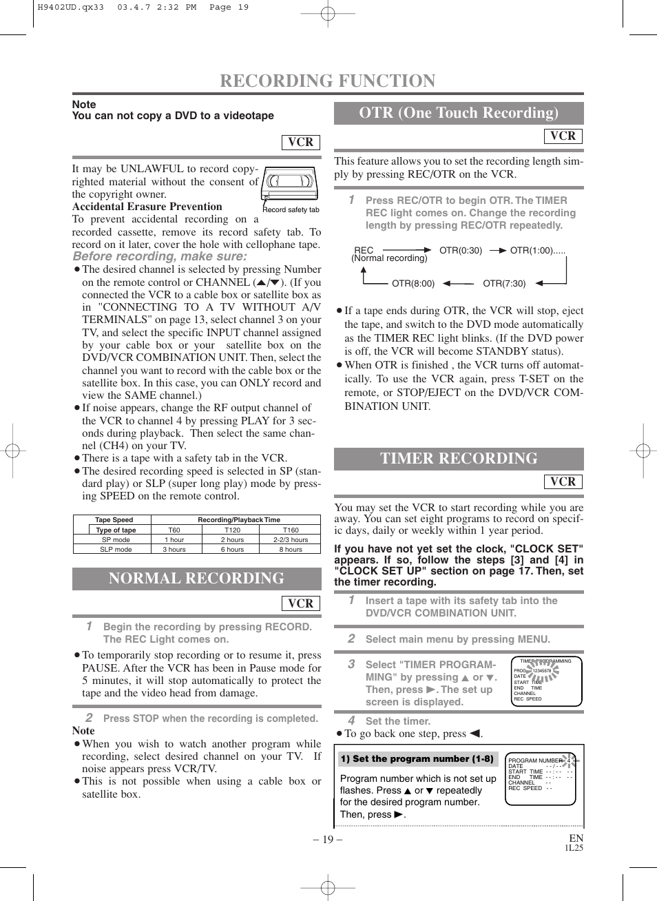 Recording, Recording function, Normal recording | Timer recording, Otr (one touch recording), Before recording, make sure | Symphonic WF803 User Manual | Page 19 / 44