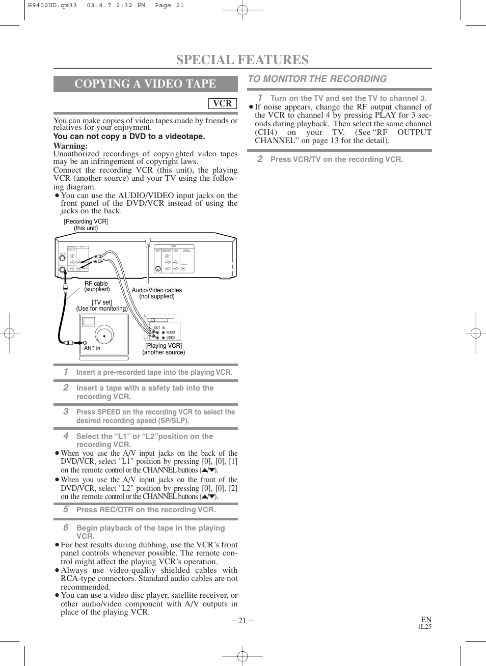 Special features, Copying a video tape, You can not copy a dvd to a videotape | Symphonic WF803 User Manual | Page 21 / 44