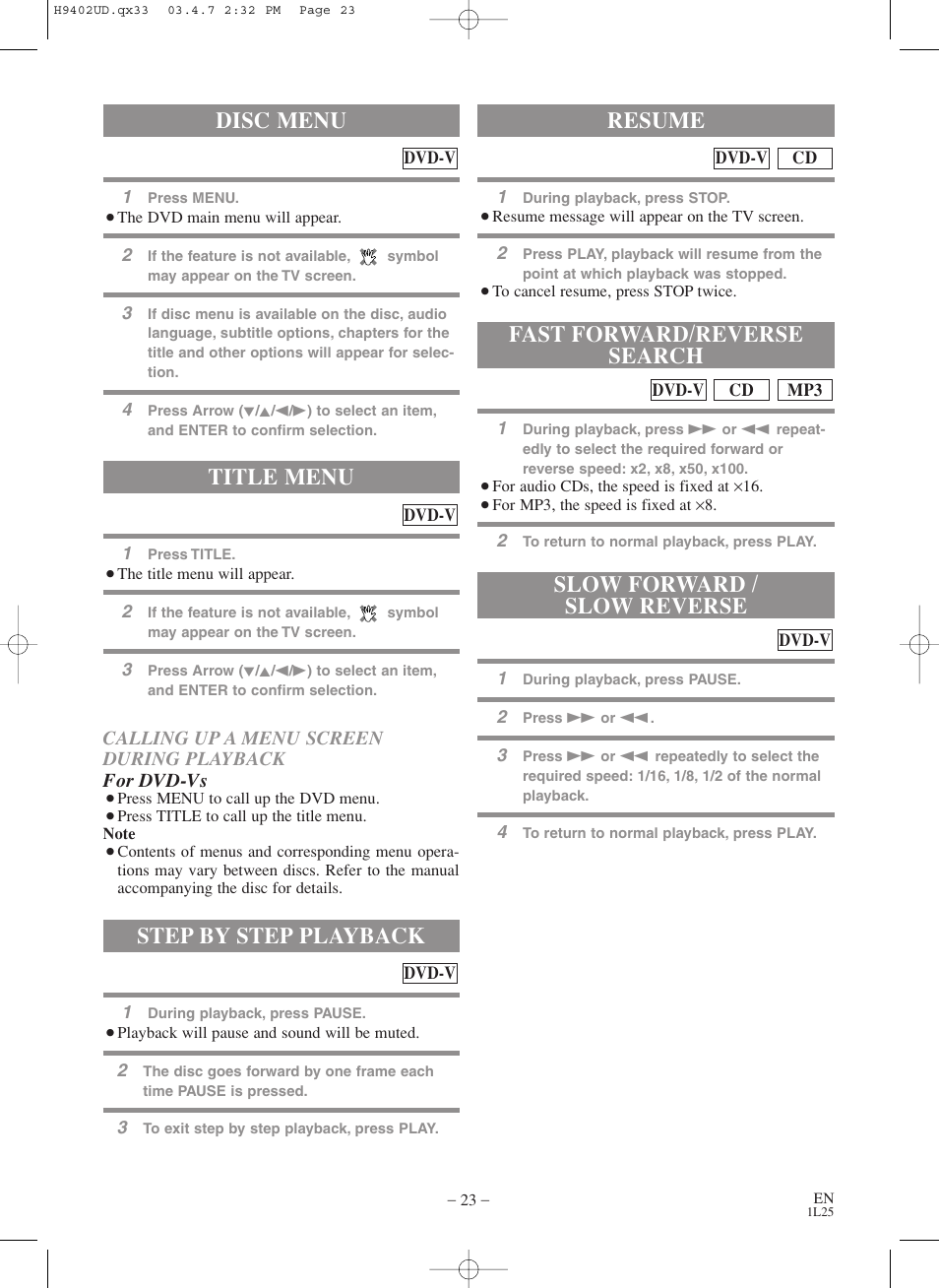 Title menu, Step by step playback, Resume | Disc menu | Symphonic WF803 User Manual | Page 23 / 44