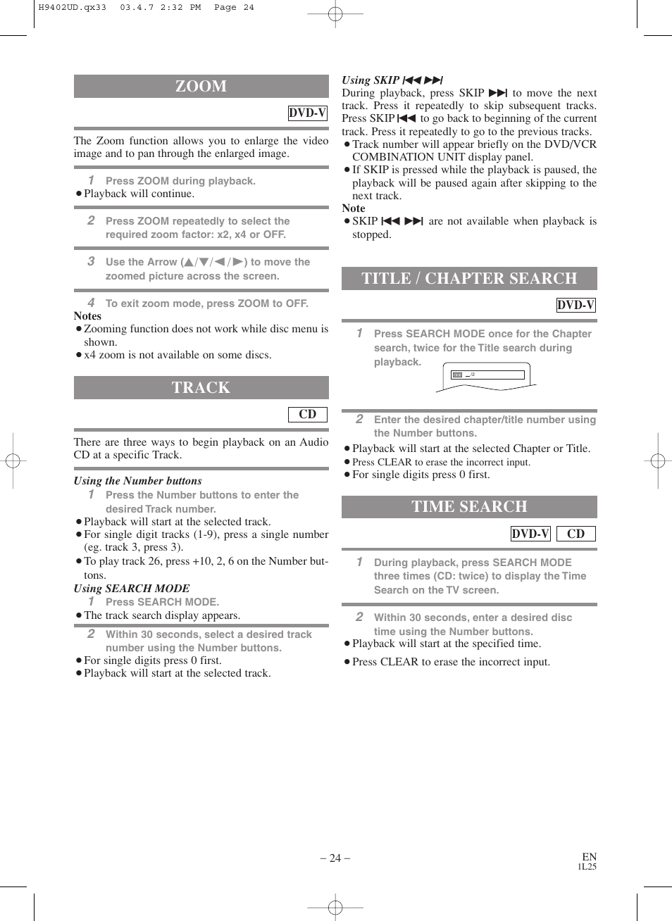Track, Zoom, Title / chapter search | Time search | Symphonic WF803 User Manual | Page 24 / 44