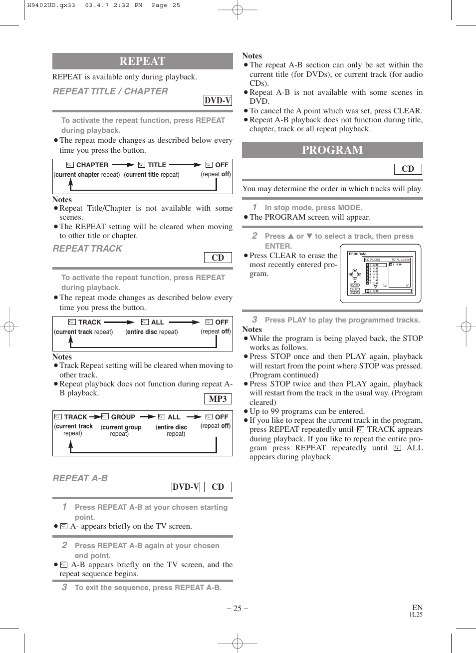 Repeat, Program | Symphonic WF803 User Manual | Page 25 / 44