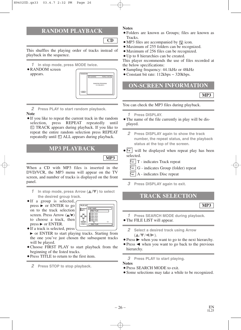 Random playback, Mp3 playback, On-screen information | Track selection | Symphonic WF803 User Manual | Page 26 / 44