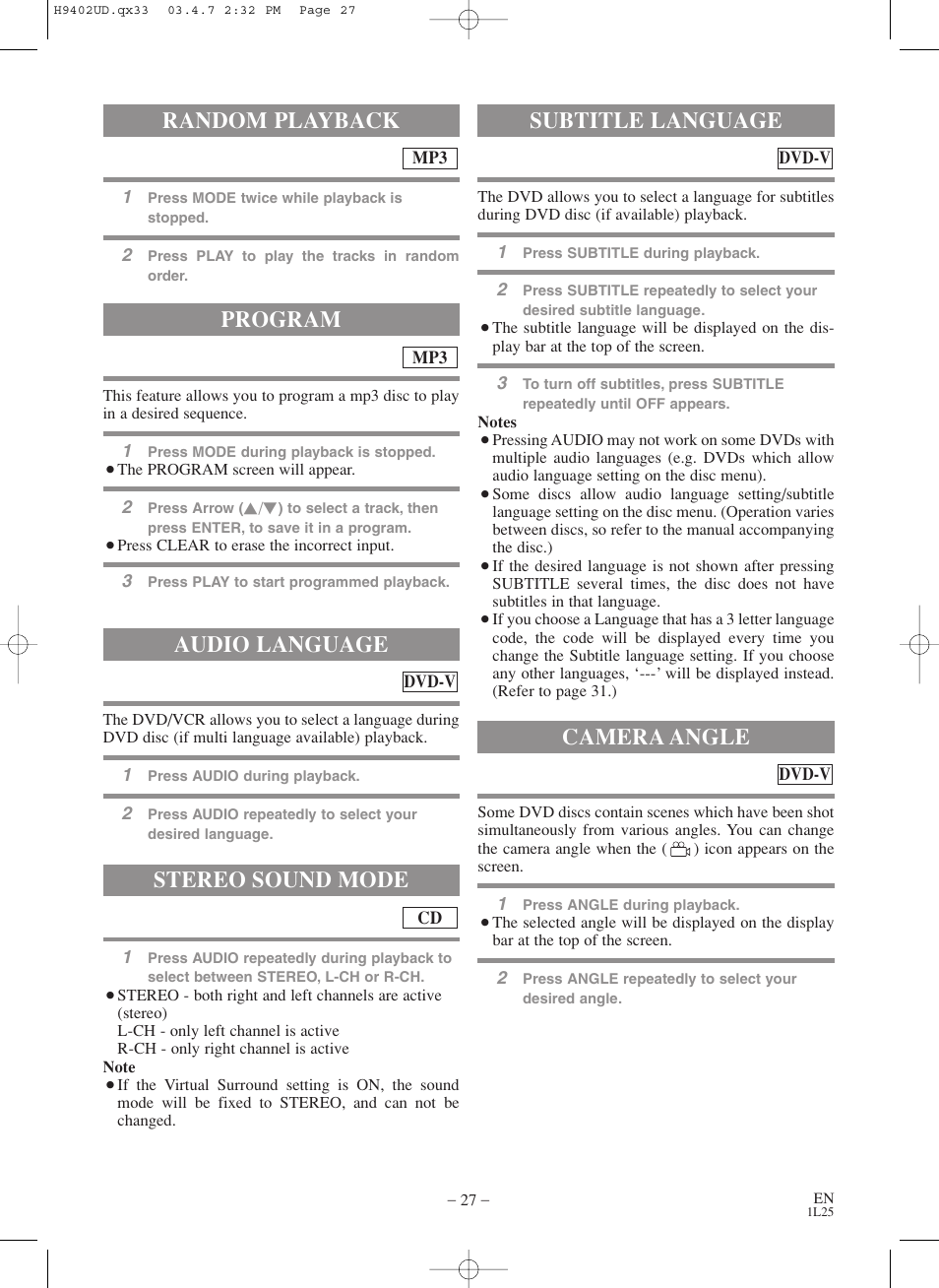 Random playback, Program audio language, Stereo sound mode | Subtitle language camera angle | Symphonic WF803 User Manual | Page 27 / 44