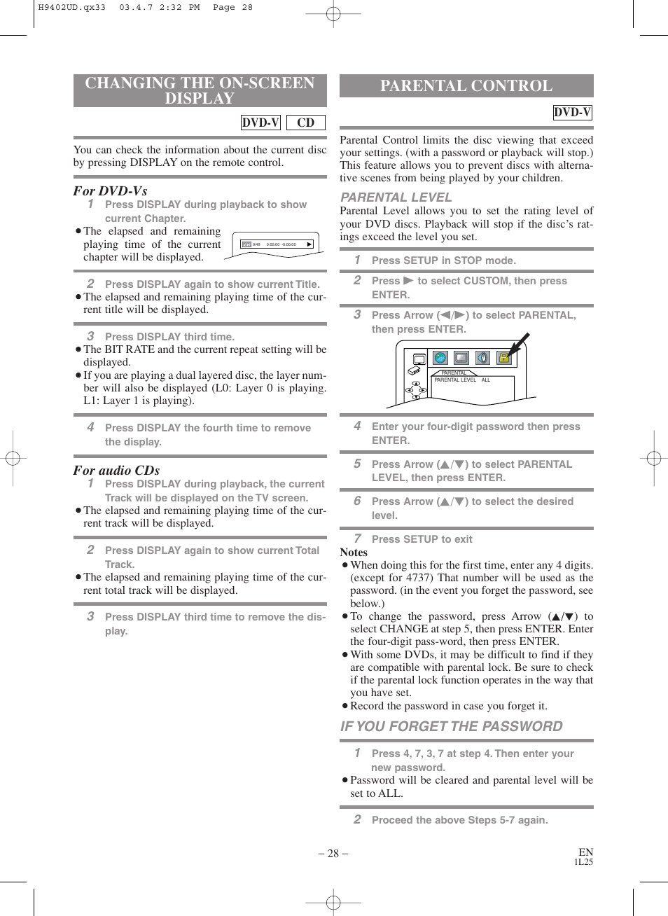 Changing the on-screen display, Parental control | Symphonic WF803 User Manual | Page 28 / 44