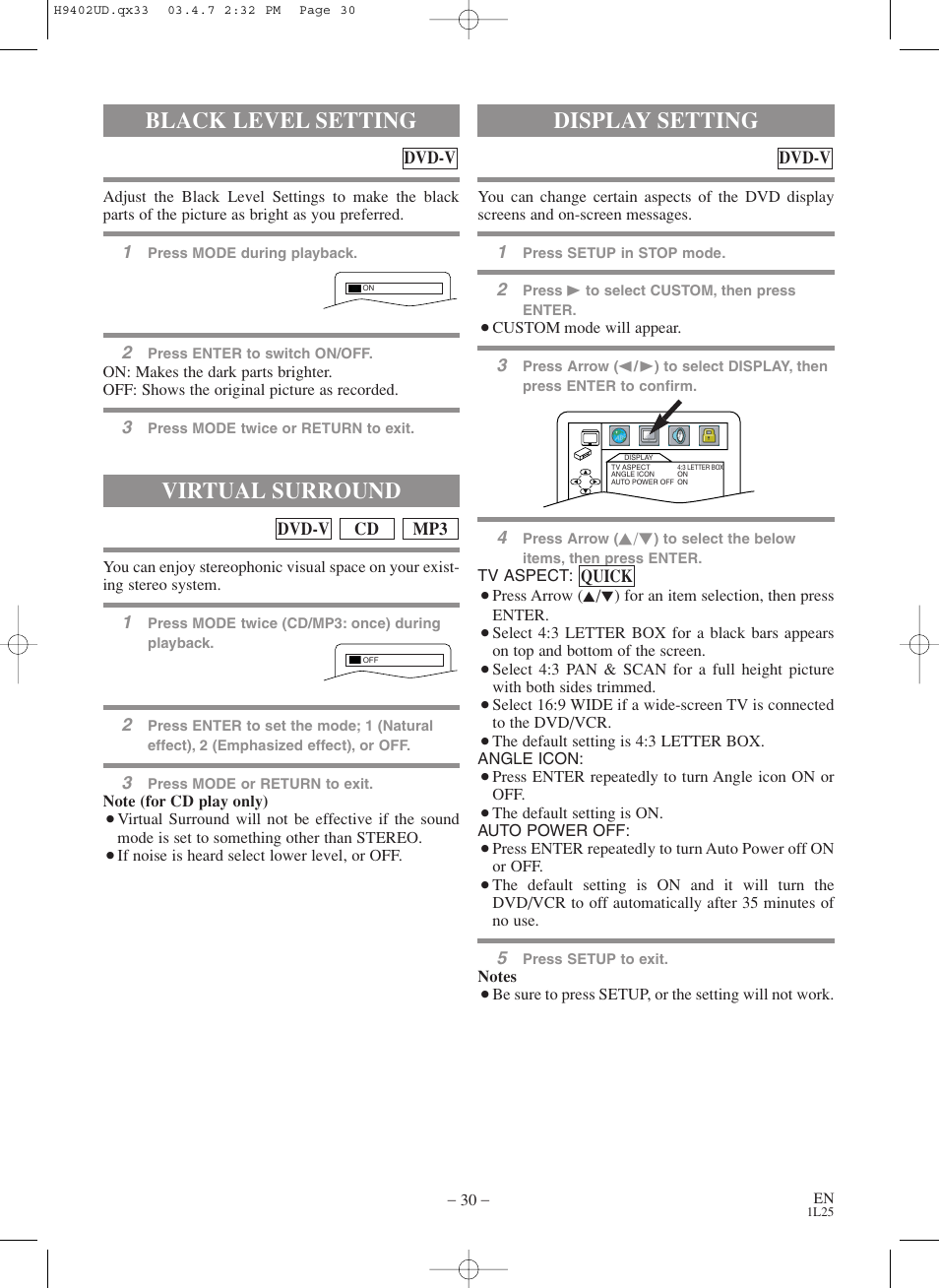Black level setting, Virtual surround, Display setting | Symphonic WF803 User Manual | Page 30 / 44