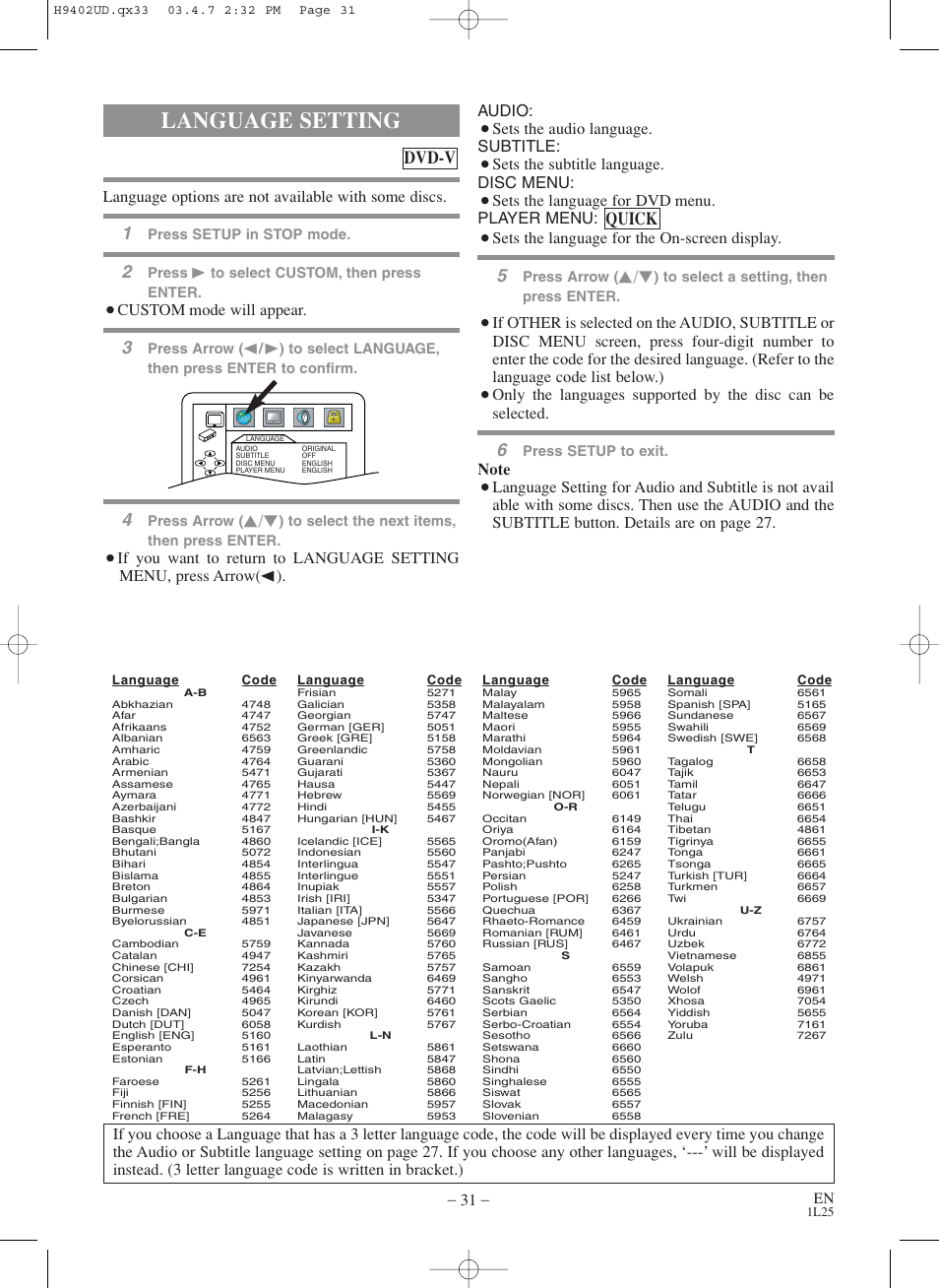 Language setting, Dvd-v, Quick | Language options are not available with some discs, Custom mode will appear, Sets the audio language. subtitle, Sets the subtitle language. disc menu, Sets the language for dvd menu. player menu, Sets the language for the on-screen display | Symphonic WF803 User Manual | Page 31 / 44