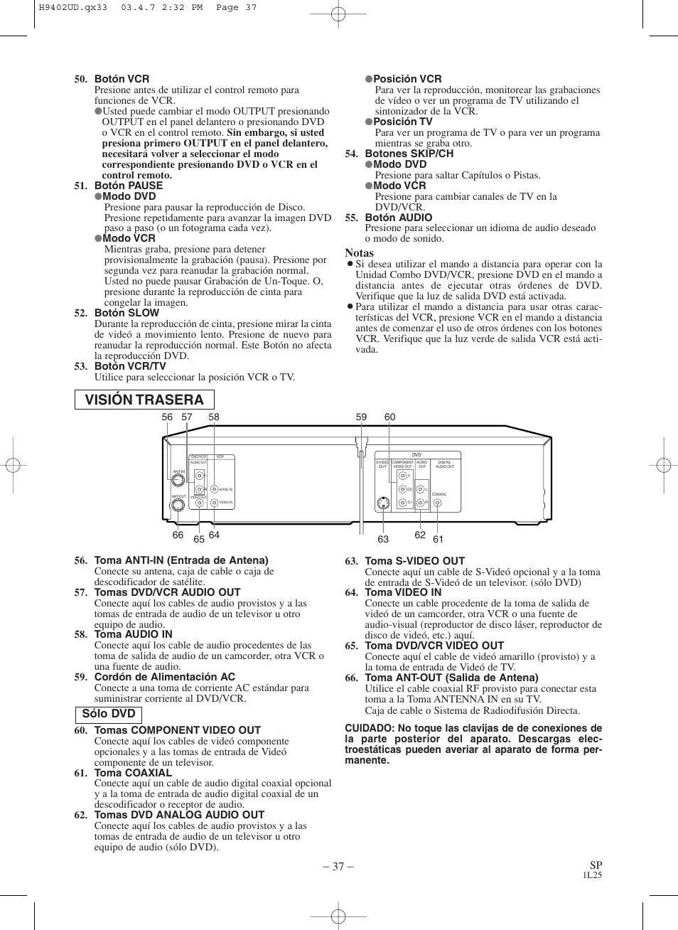 Visión trasera, Notas, Sólo dvd | Symphonic WF803 User Manual | Page 37 / 44