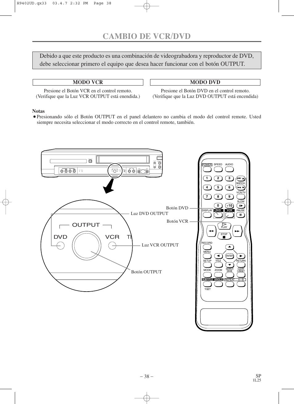Cambio de vcr/dvd, Modo vcr, Modo dvd | Vcr dvd tim output, Notas | Symphonic WF803 User Manual | Page 38 / 44
