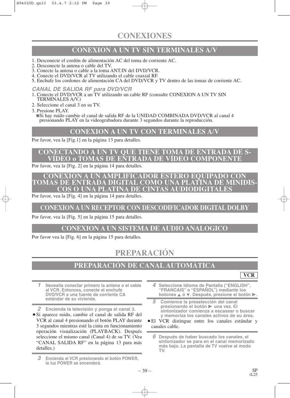 Conexiones, Preparación, Conexion a un sistema de audio analogico | Preparación de canal automática | Symphonic WF803 User Manual | Page 39 / 44