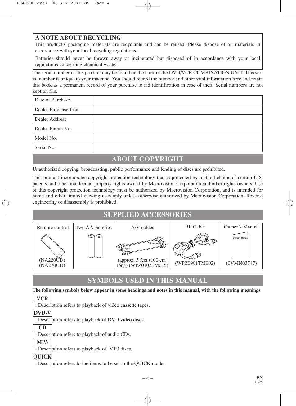 Accessories, About copyright, Symbols used in this manual | Supplied accessories | Symphonic WF803 User Manual | Page 4 / 44