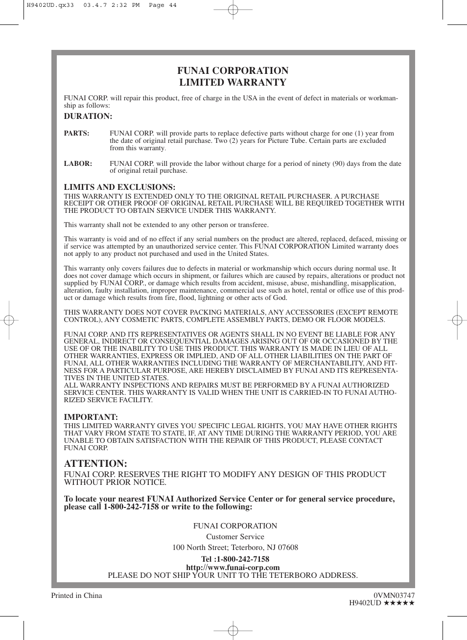 Funai corporation limited warranty, Attention | Symphonic WF803 User Manual | Page 44 / 44