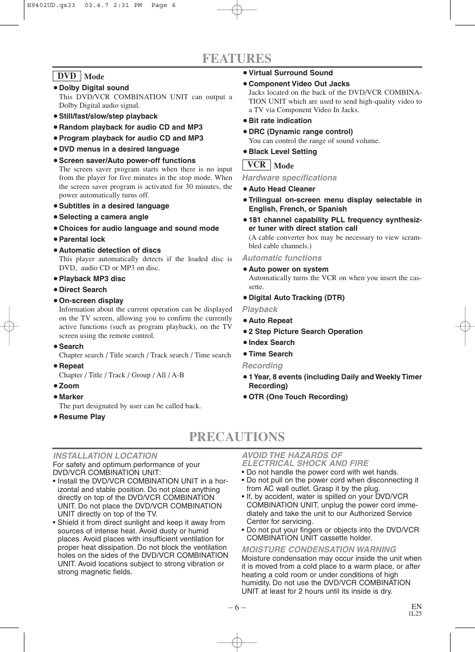 Features, Precautions | Symphonic WF803 User Manual | Page 6 / 44